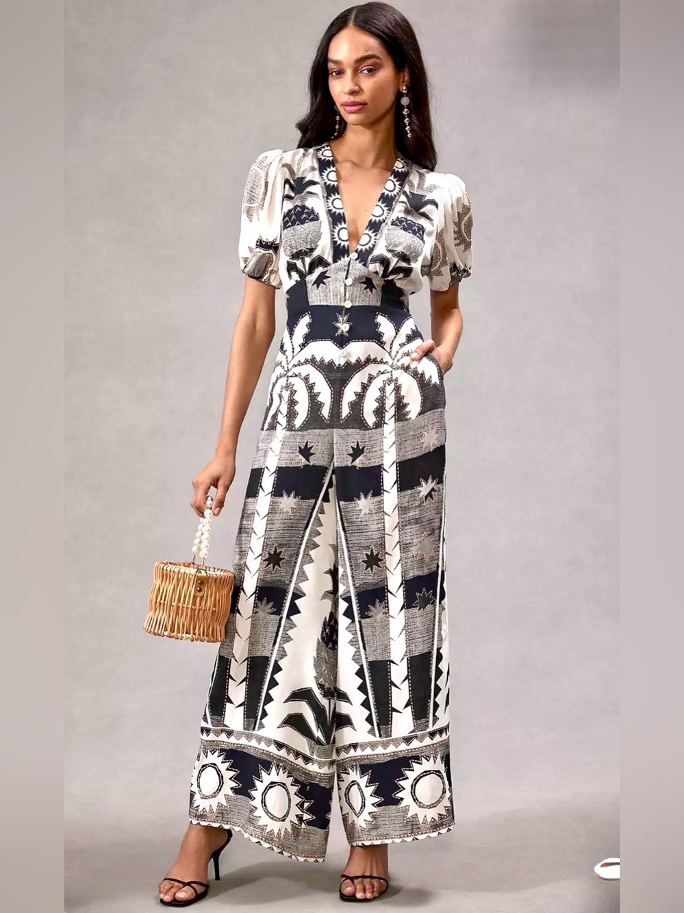 Anthropologie Farm Rio Puff-Sleeve Linen Jumpsuit Size Small